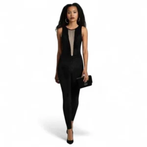Black Velour Stretch Jumpsuit with Mesh Inlay, Size S