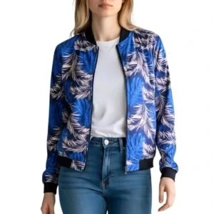 Blue Tropical Print Bomber Jacket, Size 8