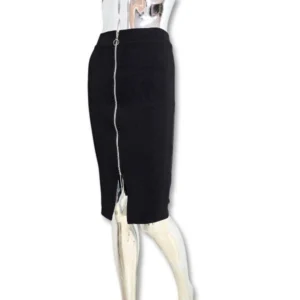 Black Ribbed Bodycon Midi Skirt with Silver Zip Detail – Size 30/6