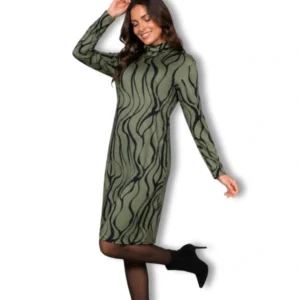 Olive Green & Black Abstract Print Dress – Size S