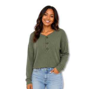 Olive Green Waffle Button Detail Long Sleeve Top – Size S