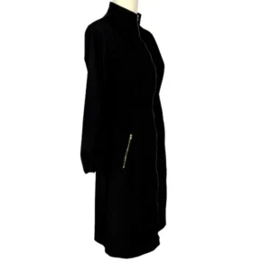 Black Zip Front High Neck Long Sleeve Gathered Waist Casual Midi Dress -Size S