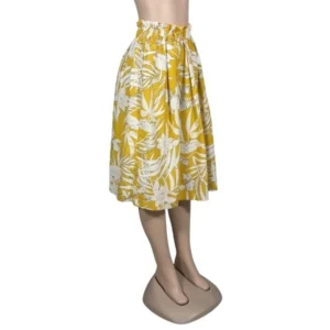 Yellow Tropical Print Elastic Waist Midi Skirt With Pockets - Size 34/10