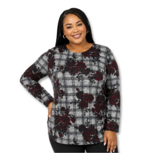 Miladys Grey Plaid & Burgundy Floral Long Sleeve Knit Top – Size XL