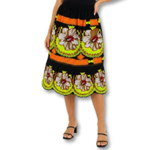 Black Embroidered Floral Midi Skirt with Elastic Waist - Size L