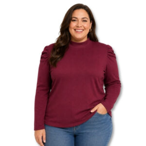 Burgundy Mock Neck Puff Sleeve Knit Top – Size 20