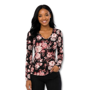 Black Floral Long Sleeve V-Neck Top – Size S