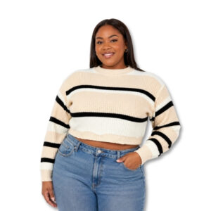 Beige, Cream & Black Striped Cropped Knit Sweater - Size XL
