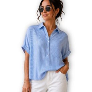 Refinery Blue & White Striped Short Sleeve Collared Blouse – Size S