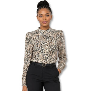 Refinery Beige Abstract Print Long Sleeve High Neck Blouse – Size 6