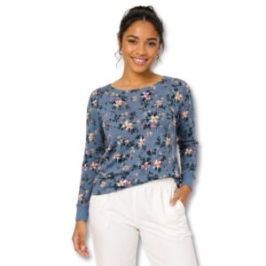 Dusty Blue Floral Long Sleeve Knit Top – Size S