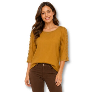 Oakridge Mustard Yellow Crochet Trim 3/4 Sleeve Blouse - Size XS