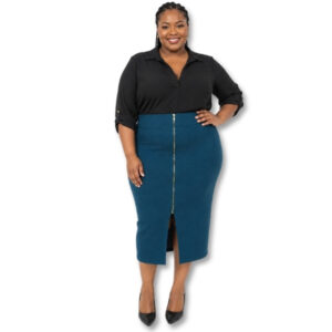 Teal Textured Midi Pencil Skirt with Gold Back Zip – Size L