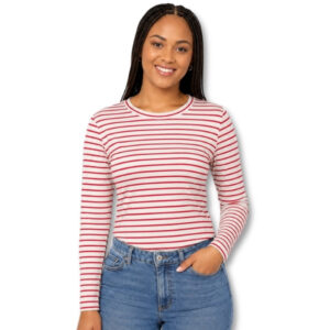 White & Red Striped Long Sleeve Stretch Top - Size XS