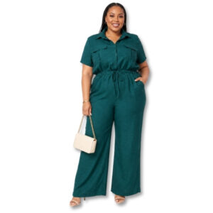 Emerald Green Utility Button-Front Wide Leg Jumpsuit – Size 2XL