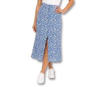 Blue & White Floral Print Midi Skirt – Size 28