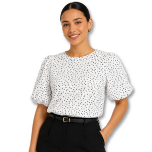 White & Black Polka Dot Puff Sleeve Textured Top – Size S