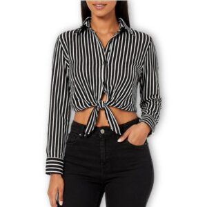 Black & White Vertical Stripe Tie-Front Crop Blouse – Size M
