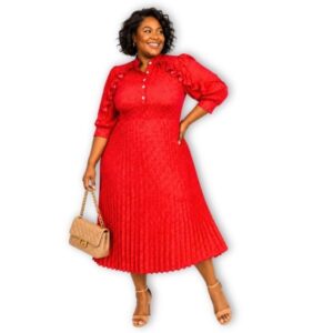 Red Polka Dot Pleated Skirt Midi Dress - Size XL