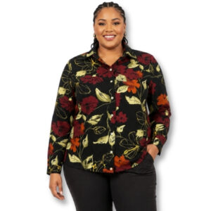 Merien Hall Black Floral Button-Up Shirt – Size 16