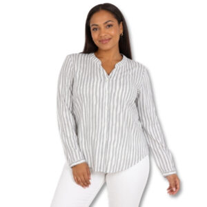 Laura Torelli Classic Grey & White Striped Button-Up Blouse - Size M