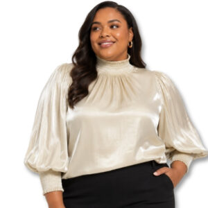Ivory Satin High-Neck Puff Sleeve Blouse - Size XL