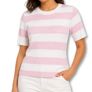 Pink & White Striped Textured Knit Short Sleeve Top – Size M