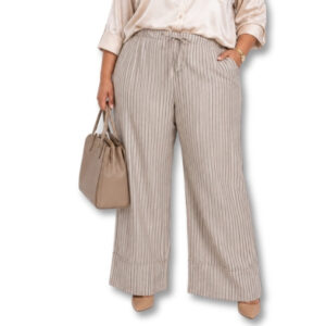 Beige & Navy Pinstripe Wide Leg Drawstring Pants – Size 3XL