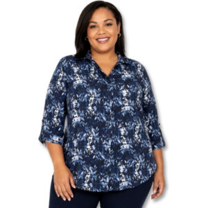 Contempo Navy Blue Floral Button-Up Blouse – Size 16
