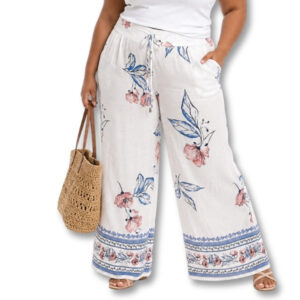 White Floral Wide Leg Pants with Border Print – Size XL