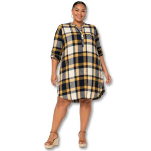 Navy, Mustard & Cream Plaid Shirt Dress – Size 18