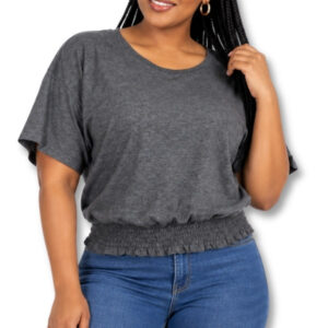 Dark Gray Short Sleeve T-Shirt with Smocked Waist – Size L
