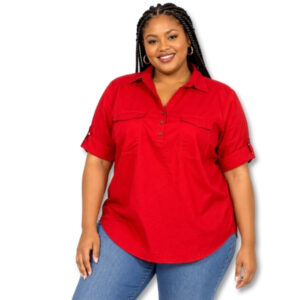 Red 100% Cotton Roll-Tab Sleeve Shirt - Size XL