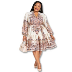 LTD Cream Paisley Print Long Sleeve Dress – Size 38
