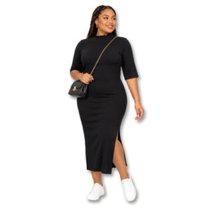 Black High-Neck Midi Dress with Side Slit – Size L