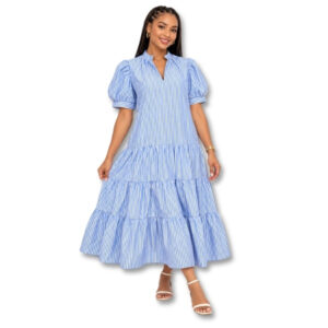 Blue & White Striped Tiered Midi Dress – Size S