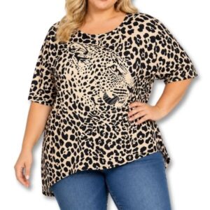 Beige Leopard Print Top with Leopard Face Design - Size 3XL