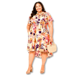 Multicolour Floral Print Shirt Dress with Elastic Waist – Size 42