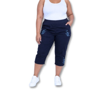 Navy Blue Cotton Capri Pants with Embroidered Detail - Size XL