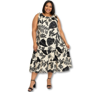 Black & Cream Botanical Print Tiered Midi Dress - Size 44
