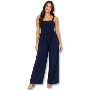 Navy Smocked Wide-Leg Jumpsuit - Size S