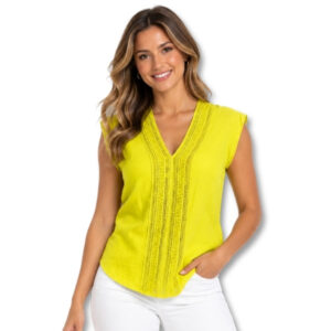 Bright Yellow Crochet Trim V-Neck Top – Size 30/6