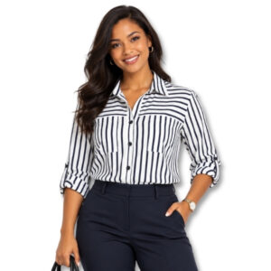 Imagemakers Navy & White Striped Button-Up Shirt – Size 34