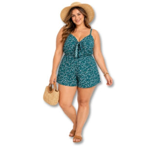 Teal Floral Spaghetti Strap Tie Front Mini Playsuit - Size L