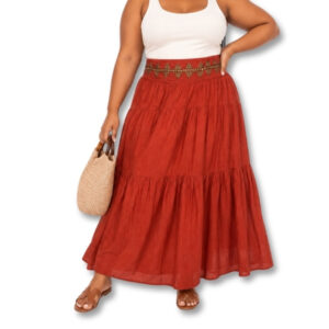 Ginger Mary Rust Tiered Maxi Skirt with Gold Embellished Waistband – Size 44