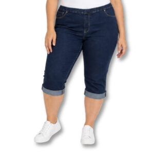 Dark Blue Stretch Denim Capri Pants with Rolled Cuffs – Size 44