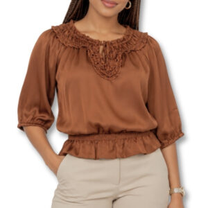 Kelso Brown Satin Blouse with Ruffle Detail - Size 8