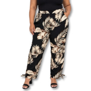 Black Tropical Leaf Print Ankle Tie Trousers - Size 2XL