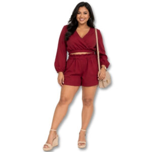 Burgundy Wrap Top & High-Waisted Shorts Set - Size M