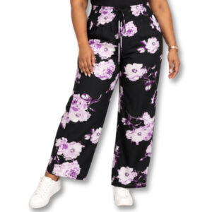 Black & Lilac Floral Print Wide-Leg Pants - Size 2XL